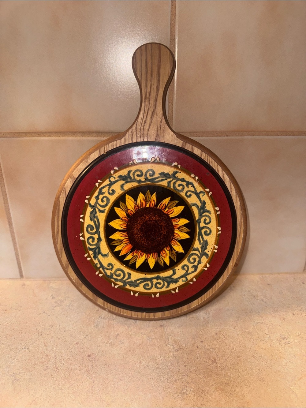 Round Wood Trivet Hot Plate Tile & Handle Sunflower 12”